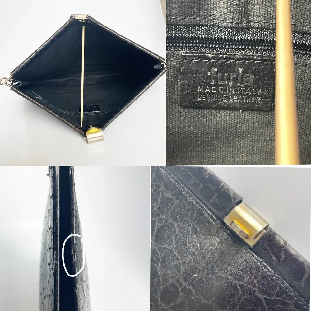 Furla Clutch Bag Black Croc Embossed  Leather Hinged Vintage 70s